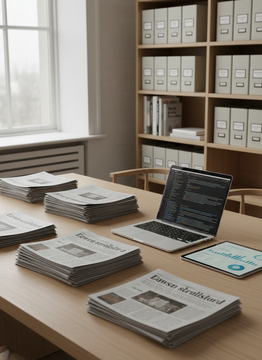 An elegant, minimalist news editorial table made of light oak with a smooth matte finish, covered in neatly arranged printed newspaper mockups, a slim metal laptop with code and headlines visible on screen, and a tablet showing data visualizations. No people are present, only tools. Soft overcast window light enters from the left, creating gentle, realistic shadows and a calm atmosphere. In the blurred background, shelves hold neatly labeled archive boxes and a few books on media and AI. Photographic realism, shot from a slightly elevated three-quarter angle using the rule of thirds, conveying a balanced fusion of traditional print journalism and digital artificial intelligence workflows in a professional, organized setting.