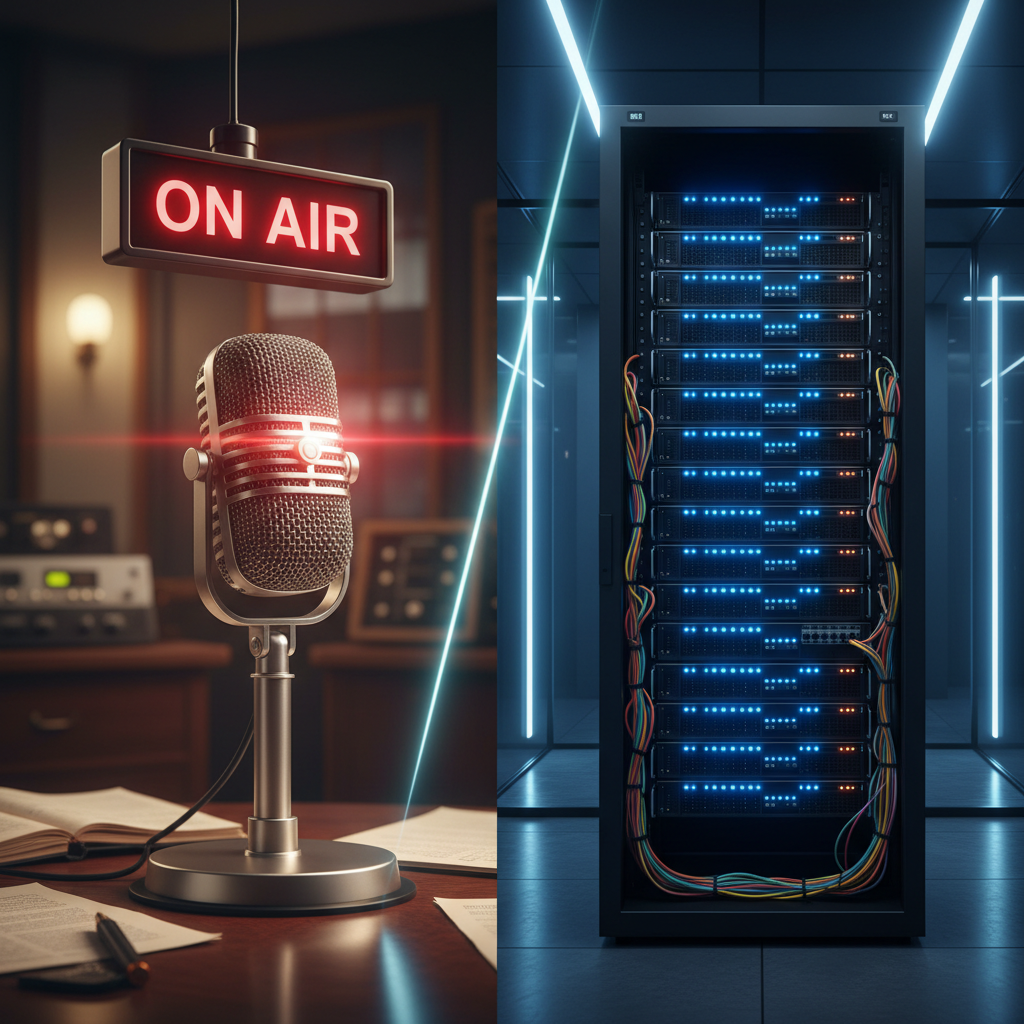 A split-screen style composition within a single photographic image: on the left, a classic analog radio microphone with a metallic mesh grille and ‘ON AIR’ sign glowing red on a dark wooden desk; on the right, a sleek AI server rack with orderly glowing blue indicator lights and network cables, inside a glass-walled data room. A thin diagonal beam of cool studio light visually links both halves, creating continuity. The mood is dynamic yet serious, emphasizing contrast between legacy news media and cutting-edge AI infrastructure. Photographic realism, shot at eye level with a central dividing line, balanced symmetry, and crisp focus to highlight the concept of hybrid news powered equally by heritage and technology.
