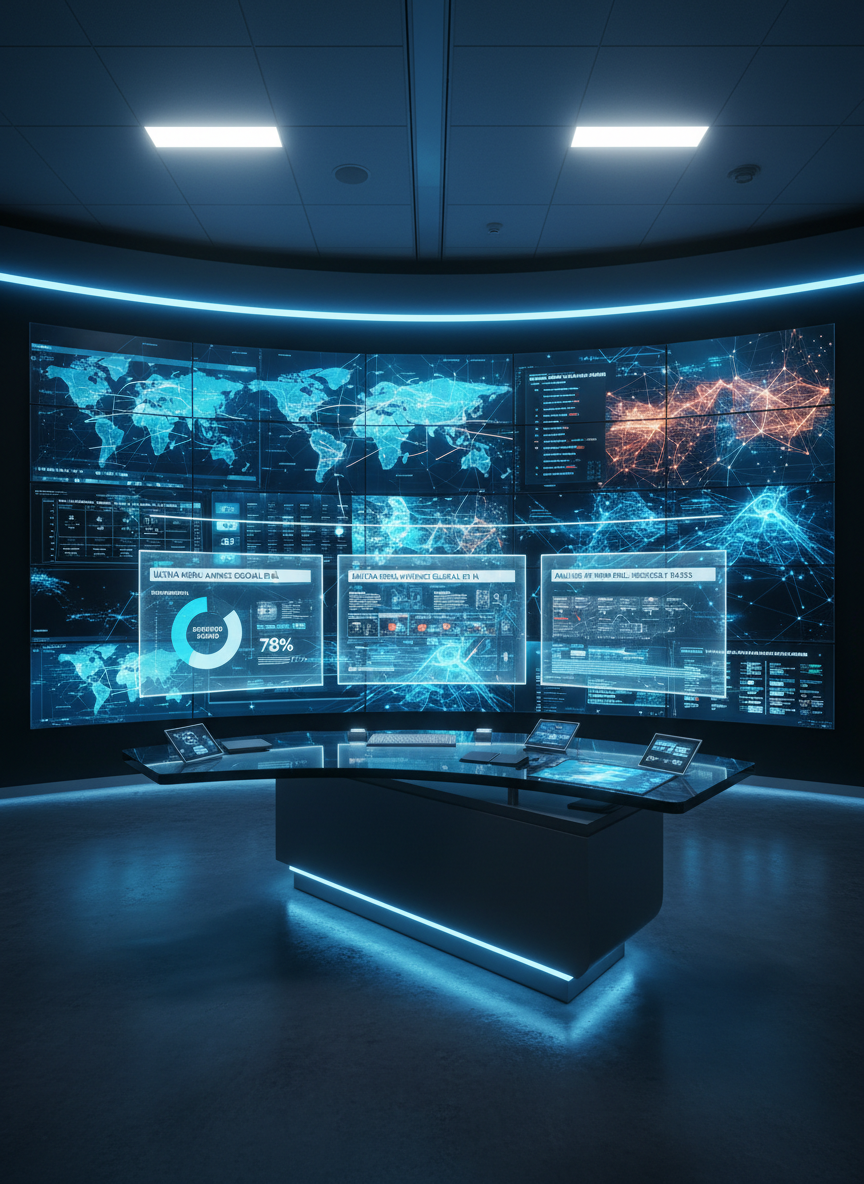 A sleek, high-tech newsroom control center without any people, featuring a large curved glass desk and an array of wall-mounted ultra-wide screens displaying dynamic news maps, data streams, and AI-generated visualizations. Transparent holographic-style panels float above the desk, showing headlines and analytics in Spanish. Cool, diffused studio lighting mixes with the soft glow of the screens, casting subtle reflections on the polished dark floor. Photographic realism, shot from a slightly elevated eye-level angle with sharp focus throughout, emphasizing the hybrid collaboration of human and artificial intelligence through interfaces and devices rather than users. The mood is professional, calm, and authoritative, with a clean, modern aesthetic that conveys trust and innovation in hybrid journalism.